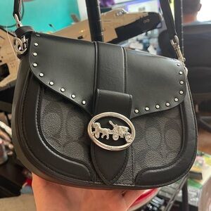 NEW Coach Colorblock Black Leather Signature Rivets Saddle Bag